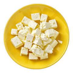 Feta cheese on yellow plate isolated on transparent background