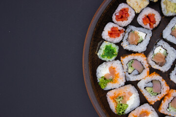 Artistic Sushi Arrangement on Wooden Platter