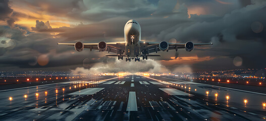 An airplane is landing on runway, amazing afternoon sun shining background . - Powered by Adobe