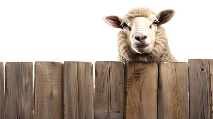 A happy sheep with soft, woolly fleece, peeking out from behind a wooden fence with a playful smile on its face - obrazy, fototapety, plakaty