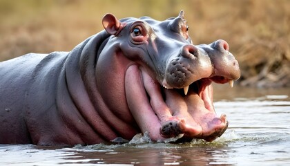 A-Hippopotamus-With-Its-Mouth-Open-Wide-Ready-To- - obrazy, fototapety, plakaty