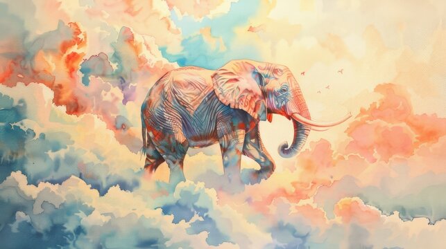 Watercolor painting of an elephant on a cloudy backdrop. Use for phone wallpaper, posters, cards, brochures.
