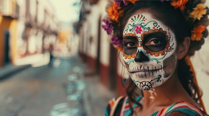 Mexican woman celebrating Day of The Death by painting horrifying skull theme on face