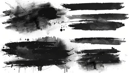 Black watercolor horizontal grunge stains and lines set - obrazy, fototapety, plakaty