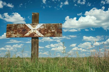 A wooden sign, on the grass next to a railroad crossing, with an X and white stripes.