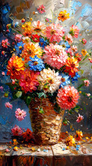 Bouquet of colorful flowers in a wicker basket on the table. Oil painting.