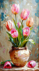 Bouquet of tulips in a vase on a wooden table. Oil painting.