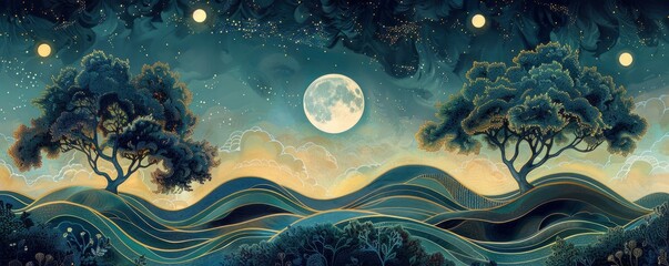 a scene influenced by Art Nouveau that features wavy hills, curving trees, and a starry sky mixed with floral and animal themes - obrazy, fototapety, plakaty