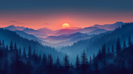 Obraz premium Vector illustration of beautiful dark blue mountain landscape with fog and forest. sunrise and sunset in mountains.