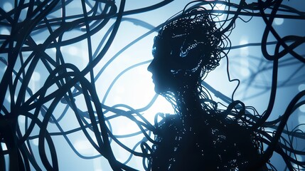 An enigmatic creature intertwined with the wires of virtuality embodying the paradox of self-awareness in a simulated world Witnessing the enigma of solipsism with a surreal 3D render - obrazy, fototapety, plakaty