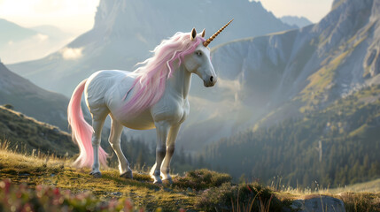 Obraz na płótnie Canvas cinematic photo of an unicorn with pink mane standing on the hill