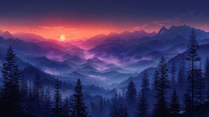 Vector illustration of beautiful dark blue mountain landscape with fog and forest. sunrise and...