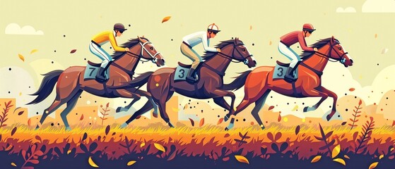 Three jockeys are shown rushing with their horses in this flat, bright vector illustration of a horse racing competition. - obrazy, fototapety, plakaty