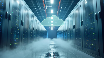 Foggy data center with illuminated cloud computing icon. - obrazy, fototapety, plakaty