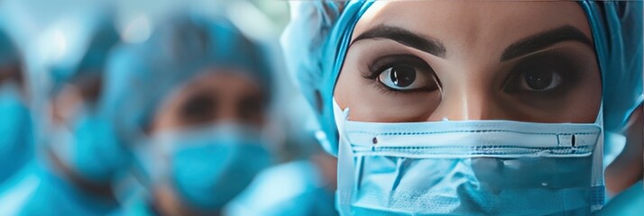 closeup shot of female surgeon wearing blue surgical mask and apron during surgery with other nurses blured background