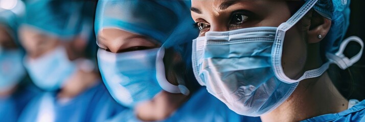 closeup shot of female surgeon wearing blue surgical mask and apron during surgery with other nurses blured background - obrazy, fototapety, plakaty