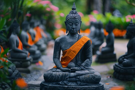 a statue of a buddha with orange sash