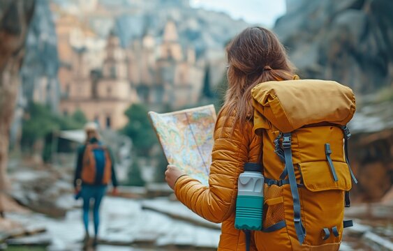 Adventure, eco-awareness, discovering an old city, sustainable travel lifestyle, and backpacking with a map and water bottle.
