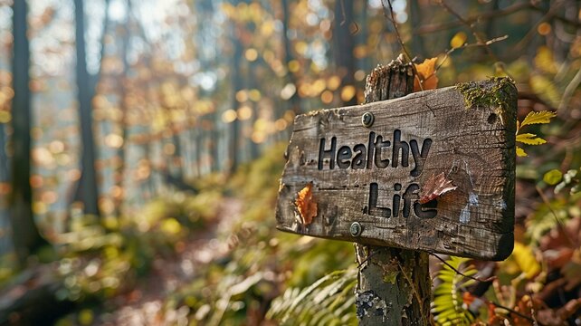 wooden sign with the words "Healthy Life" and a forest background