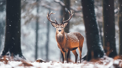 Mature deer in winter snow forest, winter. Noble deer male in winter snow forest. Artistic winter christmas landscape
