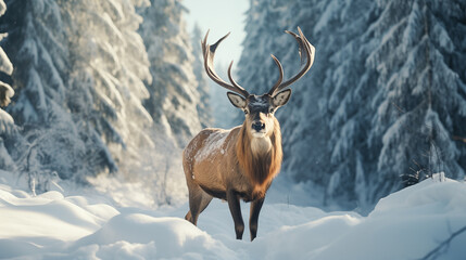 Mature deer in winter snow forest, winter. Noble deer male in winter snow forest. Artistic winter christmas landscape