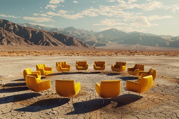 a group of yellow chairs in a circle in a desert