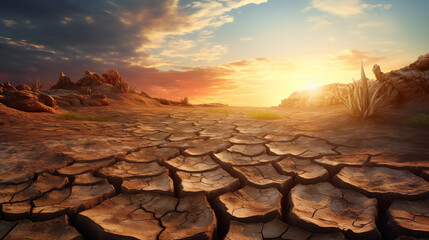 Global warming concept, dry cracks in the land, severe water shortage, drought concept. Barren cracked land with sun barely visible through the dust storm. Drought and desertification - obrazy, fototapety, plakaty