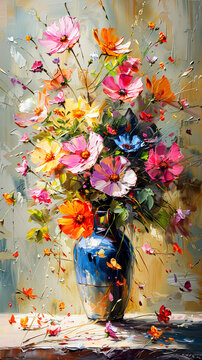 Bouquet of colorful flowers in blue vase on wooden table. Oil painting.