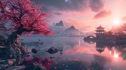 Chinese landscape design with peach tree, island, moon, flowing water, and winding pavilion - obrazy, fototapety, plakaty