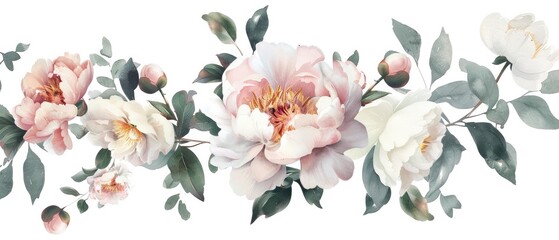 pink peony blossom chinese painting on white background copyspace