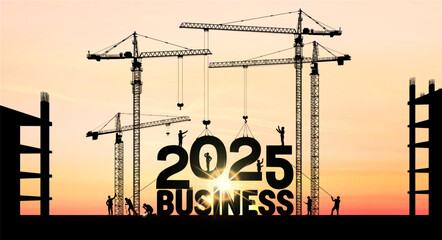 Business in the New Year 2025. Vector illustration business finance background. Large construction site crane building a business text idea concept. Black 2025 silhouette illustration design.