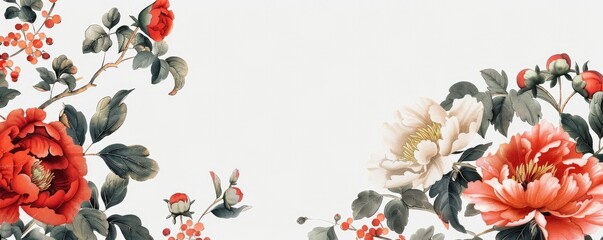 pink peony blossom chinese painting on white background copyspace