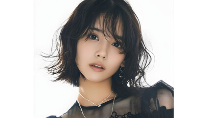 Japanese beauty, cute face, medium hairstyle, bob cut hairstyle, black transparent top with white background