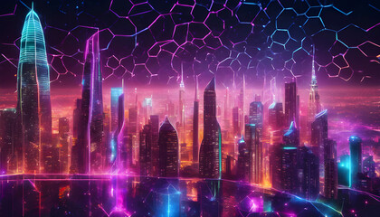 Cityscape at Night with Glowing Lights and Urban Skyline, Background ,Banner