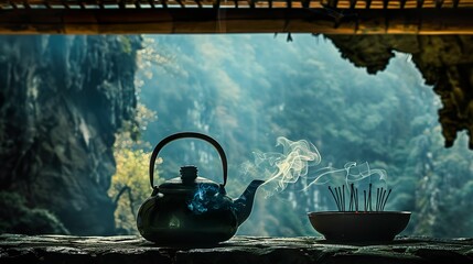 Peaceful Tea Kettle Incense Smoke - obrazy, fototapety, plakaty