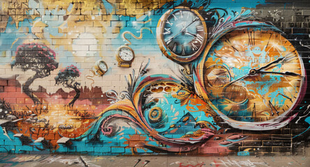 Time-Themed Graffiti Art on Brick Canvas
