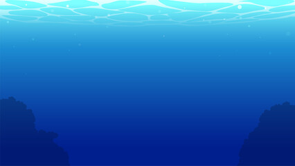 岩のシルエットが見える青く深い海中のイラスト背景