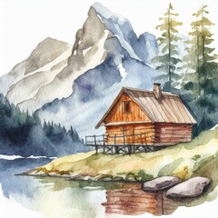 Namalowana chatka w górach obraz ilustracja - obrazy, fototapety, plakaty