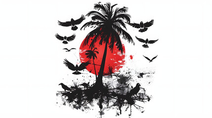 silhouette tattoo of a black Los Angeles palm tree with crows flying around it and a red sun in the background