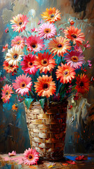 Bouquet of gerberas in a vase on the table. Oil painting.