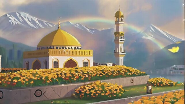 Illustration of the beautiful shiny mosque and eid mubarak islamic culture, The landmark, generative AI