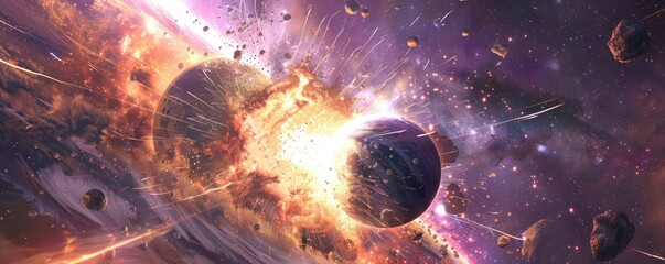 The collision of two planets causes planetary explosions with a light purple color