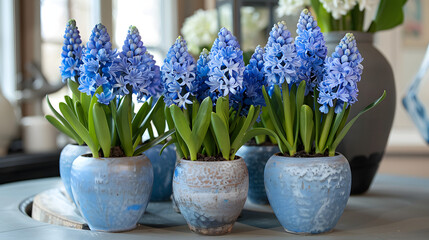 The blue hyacinths in pots create an eye-catching display of spring flowers