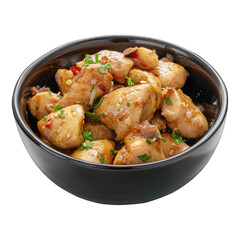 Grilled chicken in a black bowl isolated on transparent background