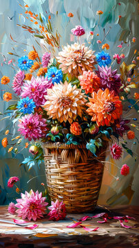 Bouquet of colorful flowers in a wicker basket on the table. Oil painting.