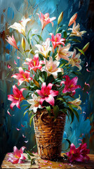 Bouquet of pink lilies in a basket on a blue background.