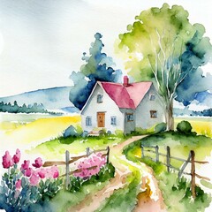 Namalowany dom na wsi obrazek