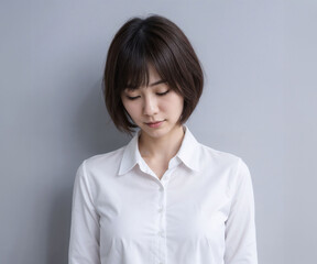 白いシャツの女性_30代_うつむき_02