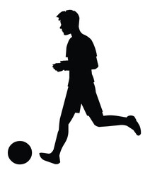 Black silhouette of a school football boy player in profile runs after the ball