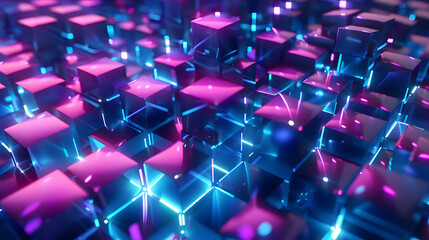 3D rendering of an abstract background with glowing blue and purple cubes. The pattern is formed by overlapping blocks